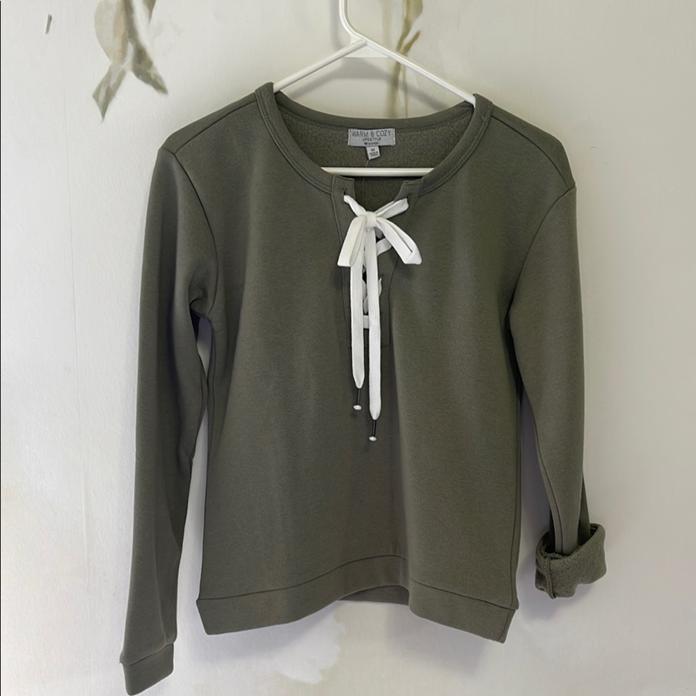 Warm & Cozy Lifestyle by Poof Olive Green Tie Front Sweatshirt